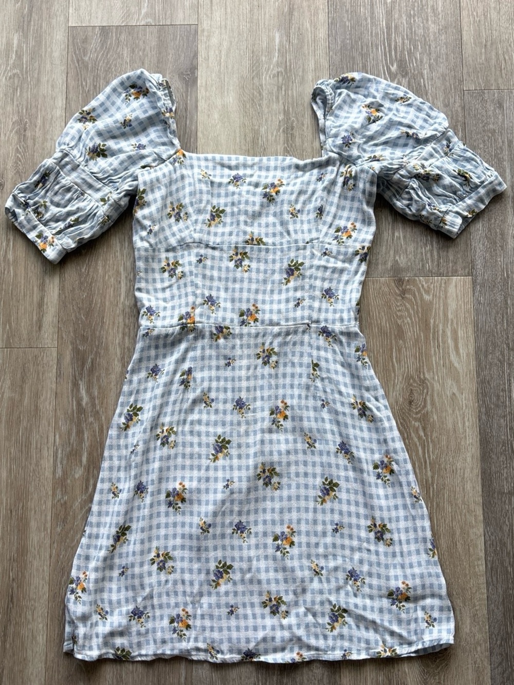 Reformation Kaley Floral Gingham Check Al Fresco Puff Sleeve Mini Dress Size 6
